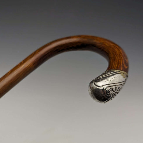 1922 British antique gentleman's walking stick brown stem sterling silver embossed decoration curved handle 90cm