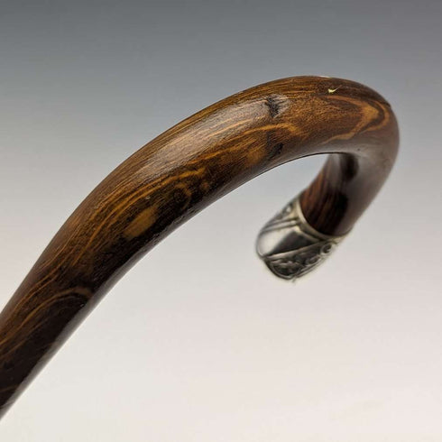 1922 British antique gentleman's walking stick brown stem sterling silver embossed decoration curved handle 90cm