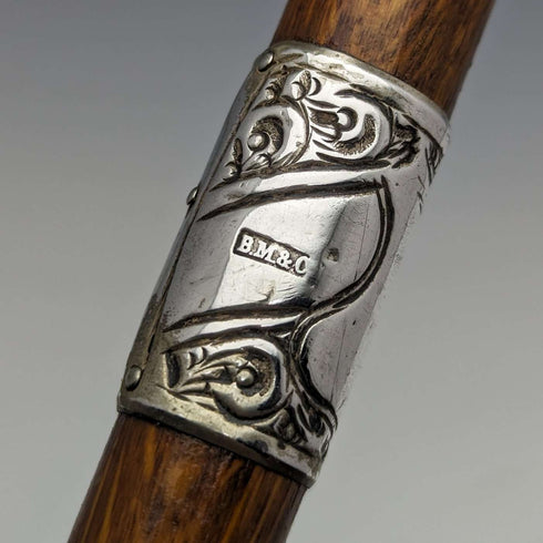 1922 British antique gentleman's walking stick brown stem sterling silver embossed decoration curved handle 90cm