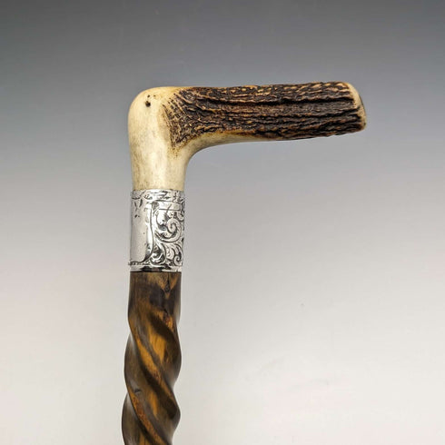 1895年左右 英國古董 紳士用手杖 鹿角拐杖把手 扭轉軸 85cm