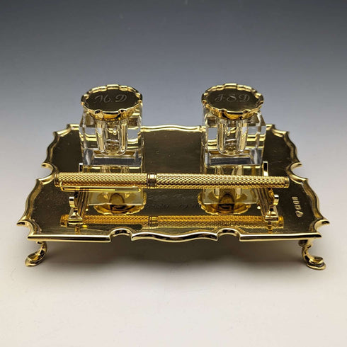 1935 British Vintage Sterling Silver Gilt Pen Stand & Inkwell Pair Goldsmiths & Silversmiths