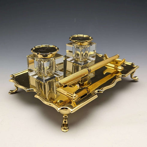 1935 British Vintage Sterling Silver Gilt Pen Stand & Inkwell Pair Goldsmiths & Silversmiths