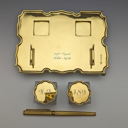 1935年 英國復古 純銀鍍金 筆座&墨水瓶組合 Goldsmiths & Silversmiths