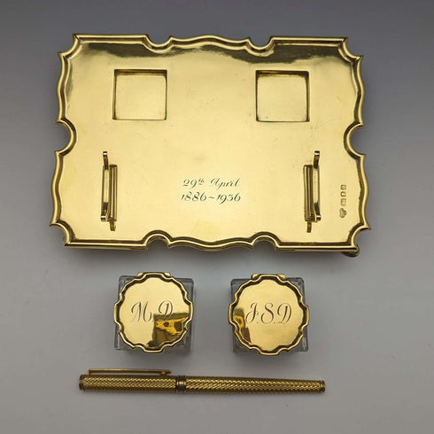1935 British Vintage Sterling Silver Gilt Pen Stand & Inkwell Pair Goldsmiths & Silversmiths