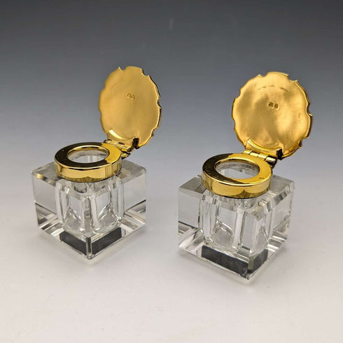 1935 British Vintage Sterling Silver Gilt Pen Stand & Inkwell Pair Goldsmiths & Silversmiths
