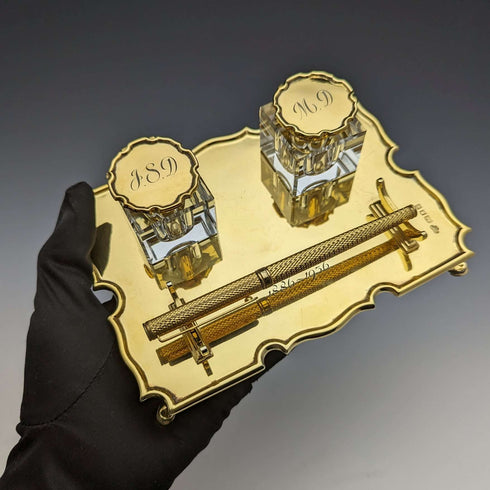 1935 British Vintage Sterling Silver Gilt Pen Stand & Inkwell Pair Goldsmiths & Silversmiths