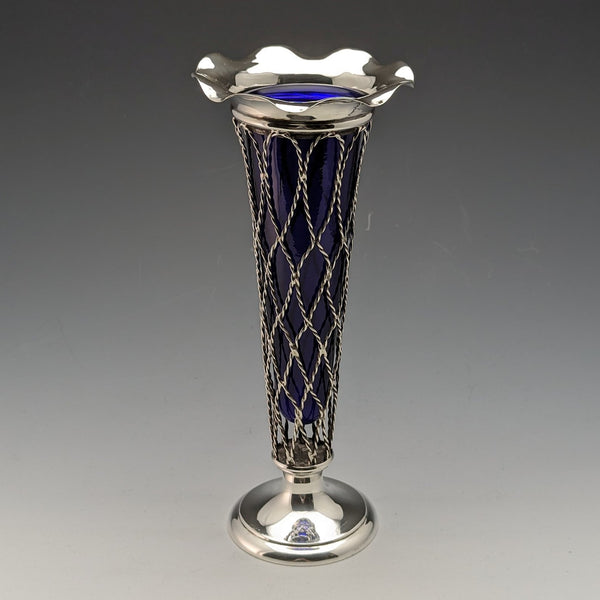 1906 British Antique Sterling Silver Vase Cobalt Glass Inner Vase Thomas Bradbury
