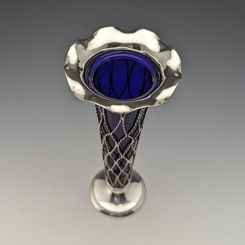 1906 British Antique Sterling Silver Vase Cobalt Glass Inner Vase Thomas Bradbury