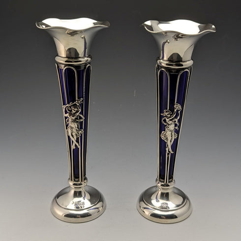 1905 British Antique Sterling Silver Vase Pair Single Vase Cobalt Glass Inner Williams Ltd
