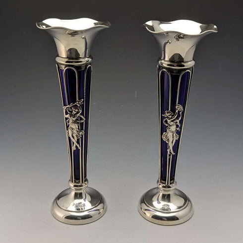 1905年 英国アンティーク 純銀製 花瓶ペア 一輪挿し コバルトガラスインナー Williams Ltd