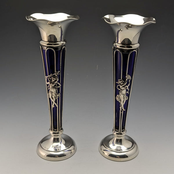 1905 British Antique Sterling Silver Vase Pair Single Vase Cobalt Glass Inner Williams Ltd