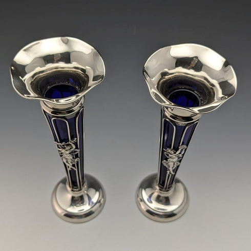 1905 British Antique Sterling Silver Vase Pair Single Vase Cobalt Glass Inner Williams Ltd