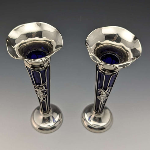1905年 英国アンティーク 純銀製 花瓶ペア 一輪挿し コバルトガラスインナー Williams Ltd