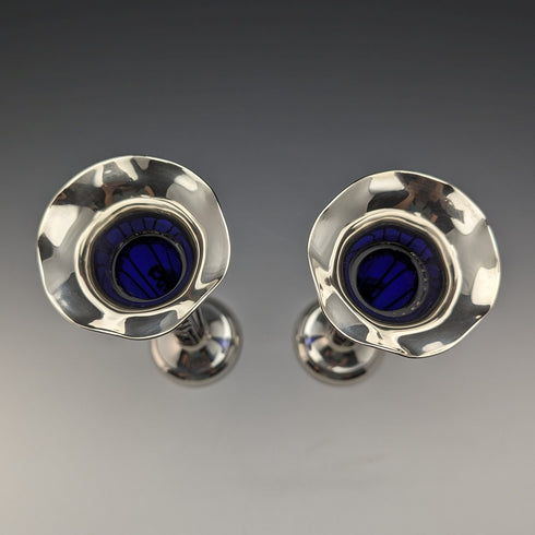 1905 British Antique Sterling Silver Vase Pair Single Vase Cobalt Glass Inner Williams Ltd