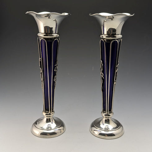 1905 British Antique Sterling Silver Vase Pair Single Vase Cobalt Glass Inner Williams Ltd