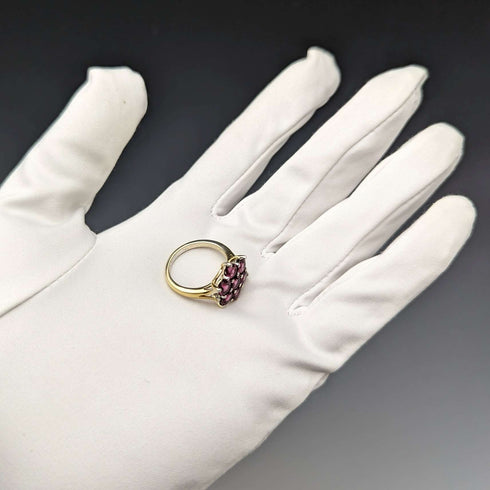British Vintage Jewelry Garnet Flower Sterling Silver Gilt Ring Ring