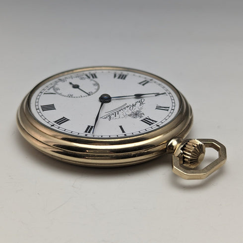 1920s British antique Russell pocket watch gold-plated open face works well