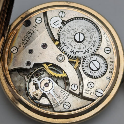 1920s British antique Russell pocket watch gold-plated open face works well