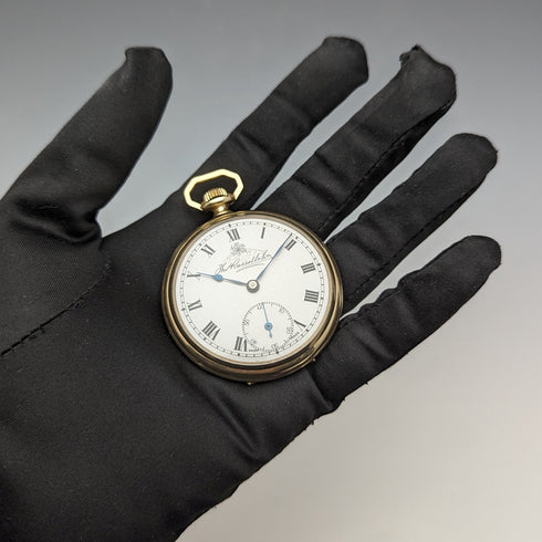 1920s British antique Russell pocket watch gold-plated open face works well