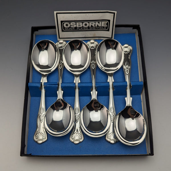 British Vintage Silver Plated Soup Spoons Set of 6 in Osborne Paper Box