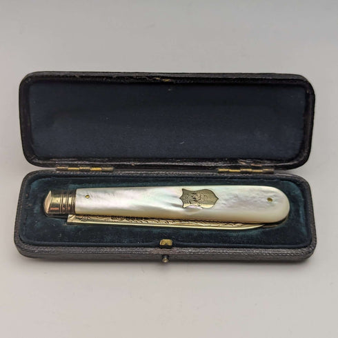 1888 British Antique White Pearl Shell Handle Pure Silver Blade Folding Pen Knife in Case