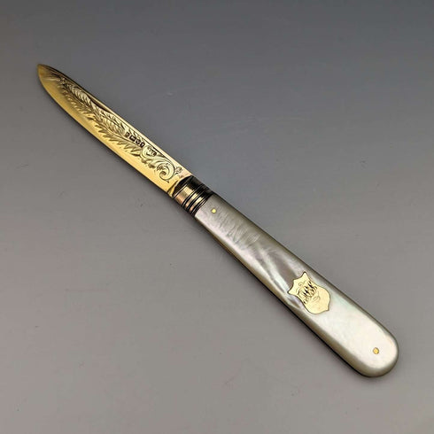 1888 British Antique White Pearl Shell Handle Pure Silver Blade Folding Pen Knife in Case