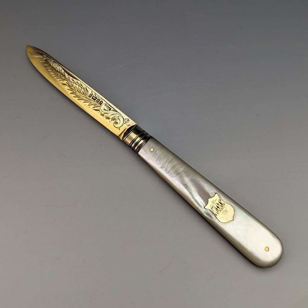 1888 British Antique White Pearl Shell Handle Pure Silver Blade Folding Pen Knife in Case