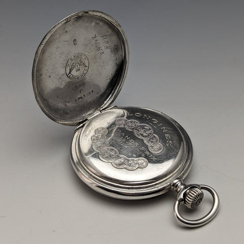 1910年頃 アンティーク ロンジン 懐中時計 アール・ヌーヴォー彫刻 銀側ハンターケース 動作良好