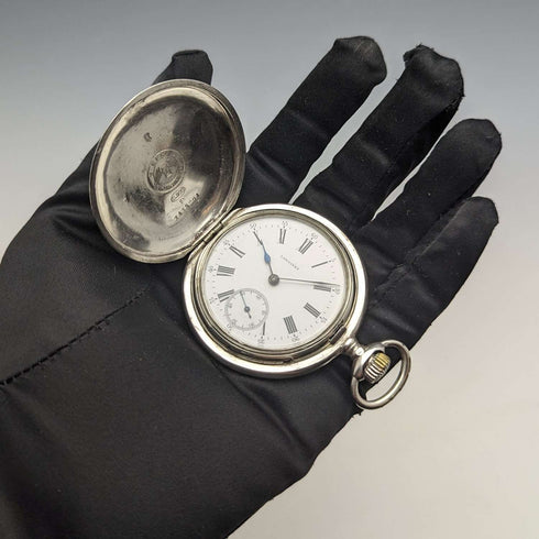 1910年頃 アンティーク ロンジン 懐中時計 アール・ヌーヴォー彫刻 銀側ハンターケース 動作良好