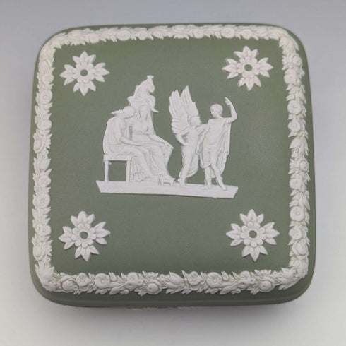 British Vintage Wedgwood Jasperware Square Box Accessory Case Green