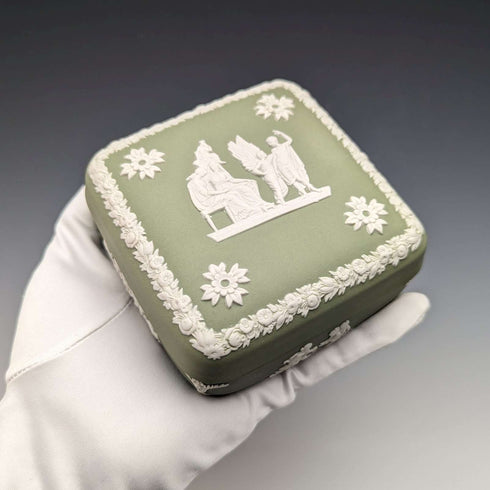 British Vintage Wedgwood Jasperware Square Box Accessory Case Green