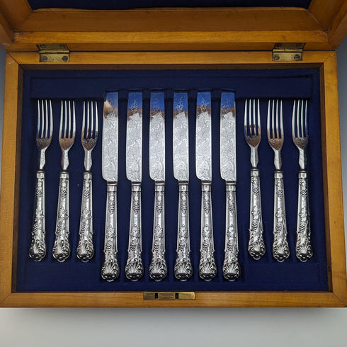 1838 年英國古董純銀手柄餐具 6 對套裝盒裝查爾斯·李約瑟