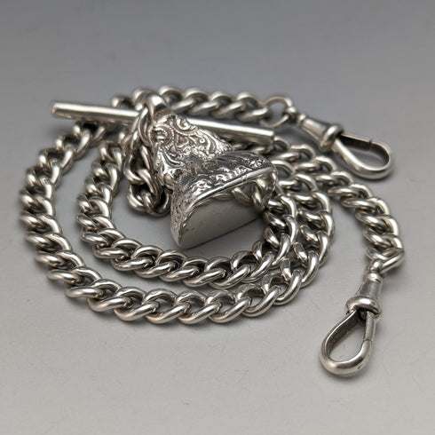 Around 1914 British Antique Sterling Silver Double Albert Chain 56g Sterling Silver Seal Fob