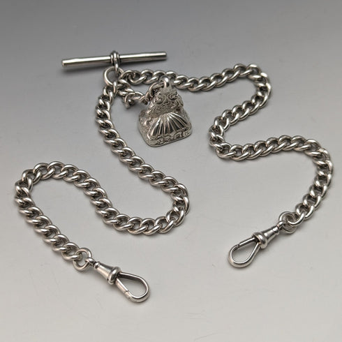 Around 1914 British Antique Sterling Silver Double Albert Chain 56g Sterling Silver Seal Fob