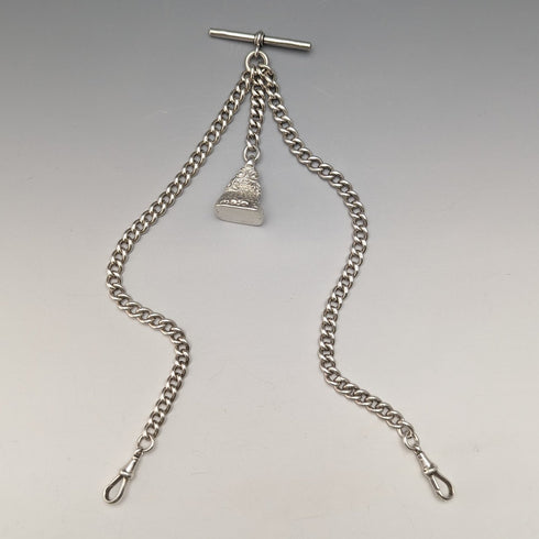 Around 1914 British Antique Sterling Silver Double Albert Chain 56g Sterling Silver Seal Fob