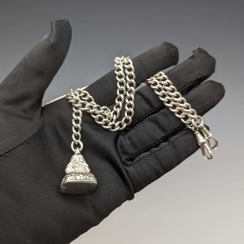 Around 1914 British Antique Sterling Silver Double Albert Chain 56g Sterling Silver Seal Fob