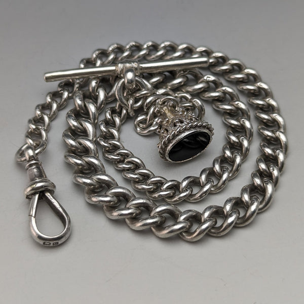 Around 1902 British Antique Sterling Silver Albert Chain 39g Black Onyx Seal Fob