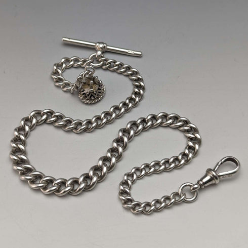 Around 1902 British Antique Sterling Silver Albert Chain 39g Black Onyx Seal Fob