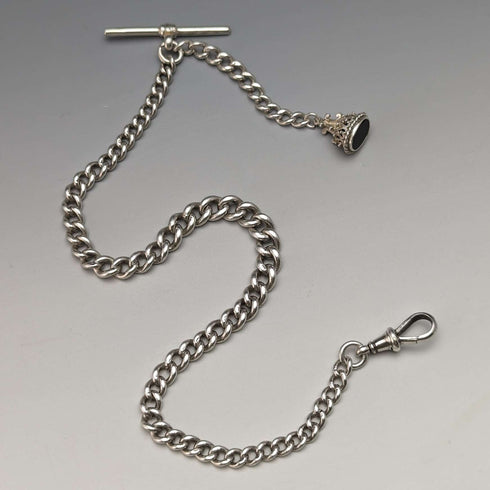 Around 1902 British Antique Sterling Silver Albert Chain 39g Black Onyx Seal Fob