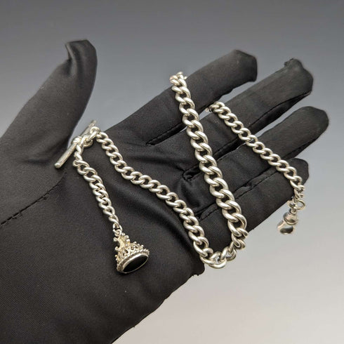 Around 1902 British Antique Sterling Silver Albert Chain 39g Black Onyx Seal Fob