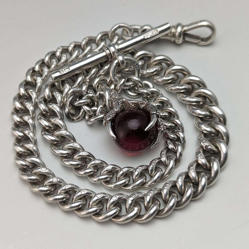 Around 1907 British Antique Sterling Silver Albert Chain 50g Crow & Bowl Fob