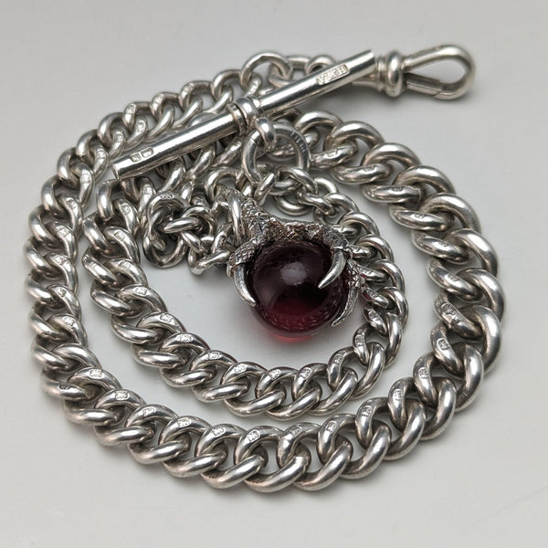Around 1907 British Antique Sterling Silver Albert Chain 50g Crow & Bowl Fob