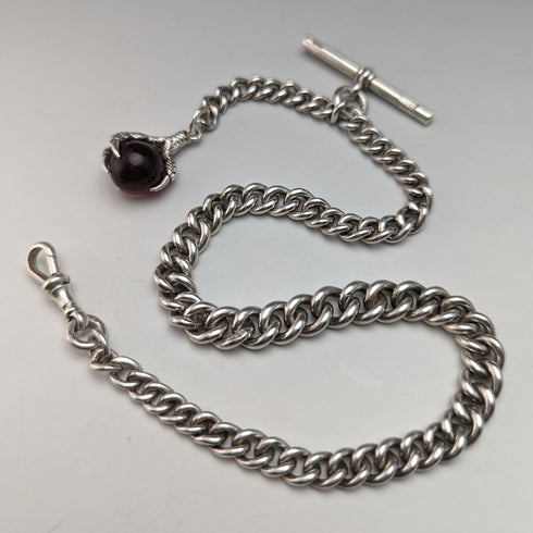 1907年頃 英国アンティーク 純銀製アルバートチェーン 50g クロウ&ボウルフォブ