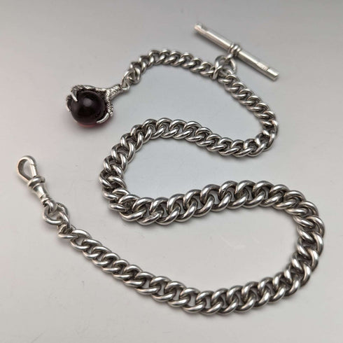 Around 1907 British Antique Sterling Silver Albert Chain 50g Crow & Bowl Fob