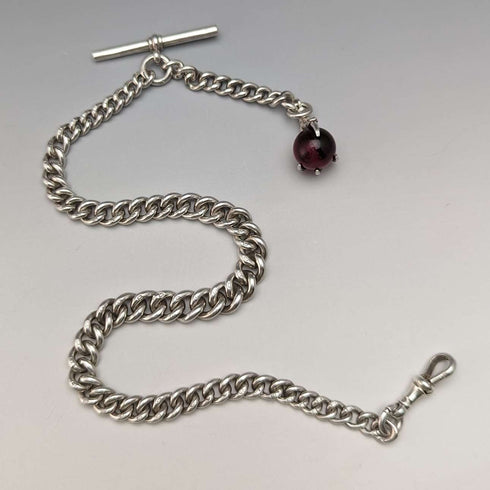 Around 1907 British Antique Sterling Silver Albert Chain 50g Crow & Bowl Fob