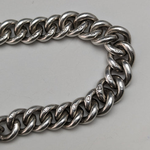 1907年頃 英国アンティーク 純銀製アルバートチェーン 50g クロウ&ボウルフォブ