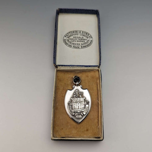 1928 British Vintage Sterling Silver Shield Fob in Fattorini & Sons Case