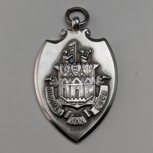 1928 British Vintage Sterling Silver Shield Fob in Fattorini & Sons Case