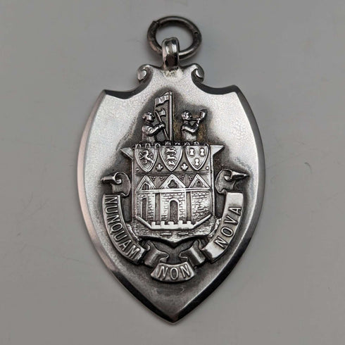 1928 British Vintage Sterling Silver Shield Fob in Fattorini & Sons Case
