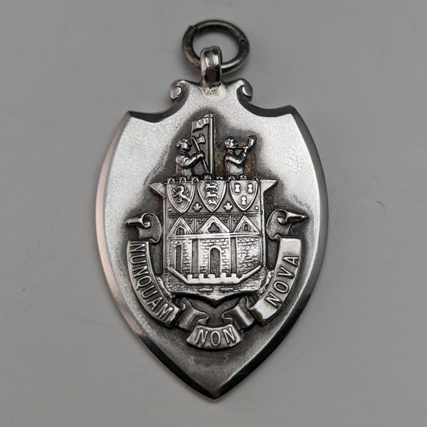 1928 British Vintage Sterling Silver Shield Fob in Fattorini & Sons Case